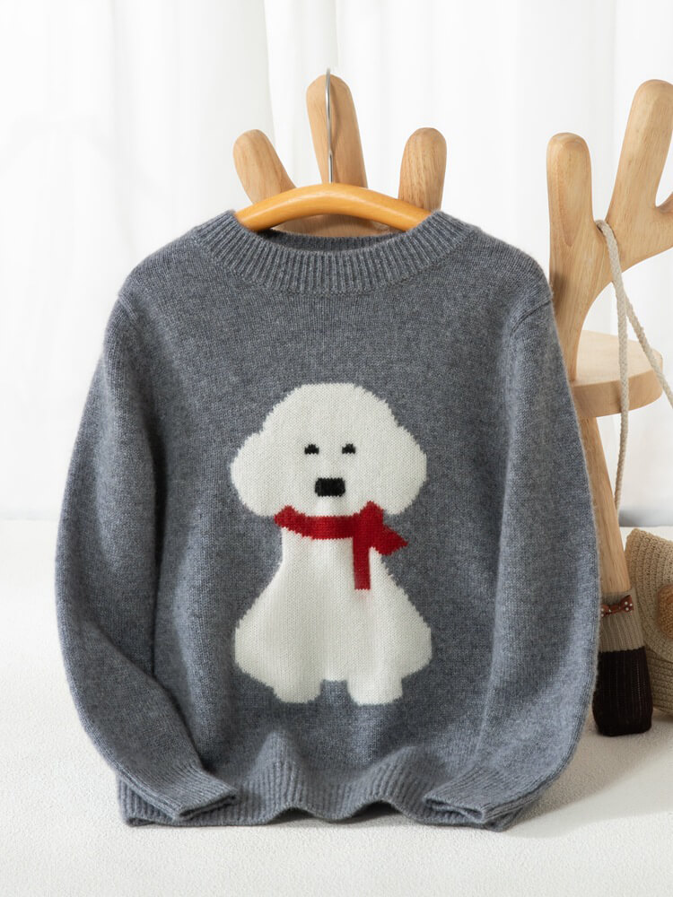 Kids Soft Puppy Intarsia Thick Cashmere Crew Neck Sweater